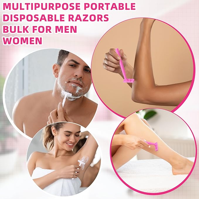 Hanaive Women's Disposable Razors Bulk Twin Blade Disposable Stainless Steel Hospitality Quality Shaver Multipurpose Portable Shave Razor Manual for Bathing Hotel Travel (Pink White,100 Pcs)