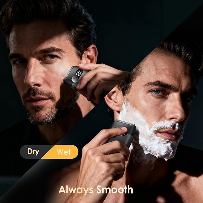 Electric Razor for Men, Foil Shaver and Beard Trimmer for Dry and Wet,Battery LED Display USB-C Fast Charge, IPX7 Waterproof Portable Travel Shaver (Charcoal Black)