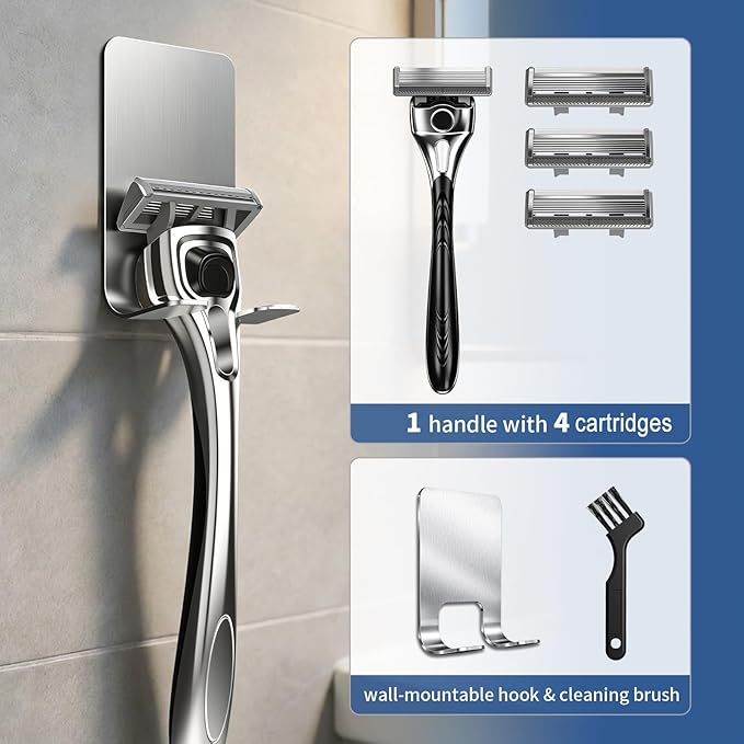 Professional 6-Blade Men's Razor with Lubricating Strip & Precision Trimmer, 45° Pivoting Head, Metal 1 Handle +4 Blade Refills, Includes Cleaning Brush & Wall Mount