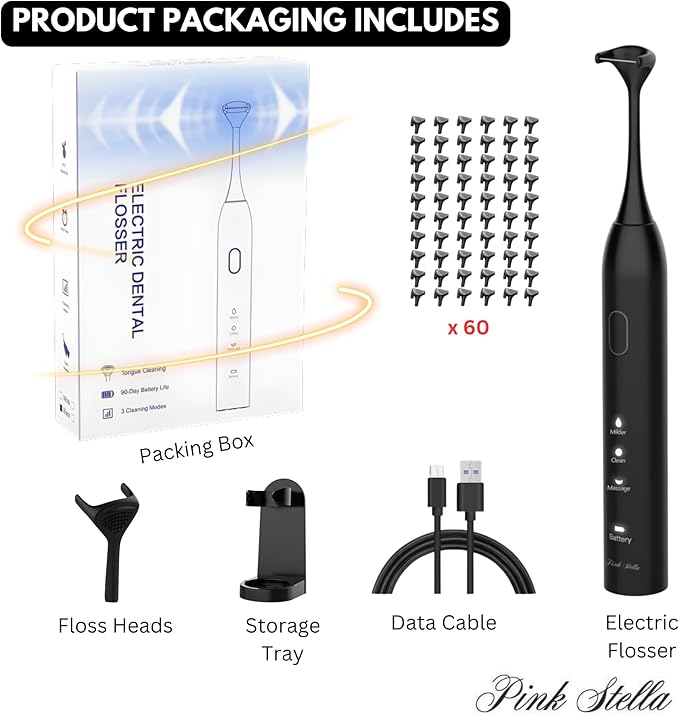 Electric Dental Flosser| Tongue Scrapper| Gum Massager and Stimulator for Adults and Kids| 60 Reuseable Floss Heads| A Better Alternative to Water Flosser