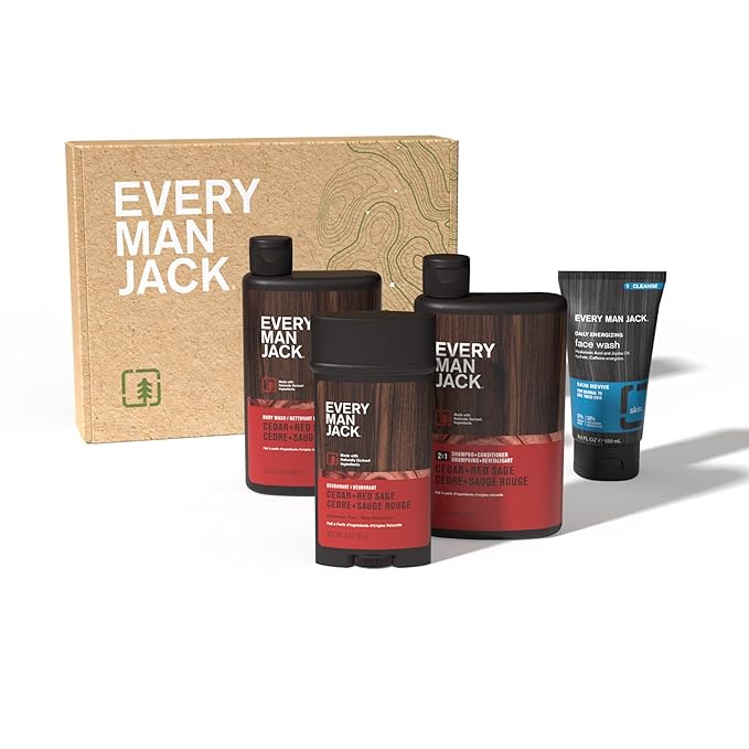Every Man Jack Men's Bath and Body Gift Set - Cedar & Red Sage Scent - Clean Ingredients - Includes Hydrating Body Wash, 2-in-1 Shampoo, Aluminum-free Deodorant & Face Wash
