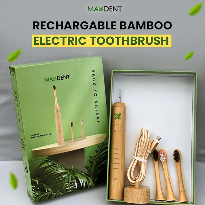 Rechargeable Electric Toothbrush, Soft Bristle Adult Oral Care with 3 Bamboo Replacement Heads, Electric Toothbrush for Adults, Sustainable Rechargeable Dental Hygiene