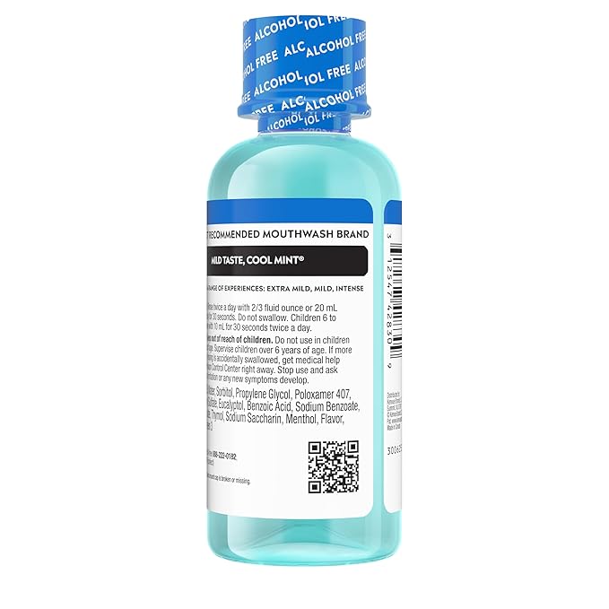 Listerine Cool Mint Alcohol-Free Mild Mouthwash, Oral Rinse Kills 99.9% of Germs that Cause Bad Breath, Less Intense Taste, Mild Mint Flavor, 3.2 fl. oz
