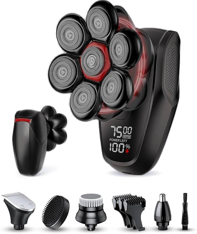 Magnetic 7-Blade Head Shaver, Professional Electric Razor for Bald Men, Waterproof Foil Shaver with 5-in-1 Grooming Kit, Carbon Black