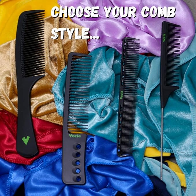 Veeta Professional Carbon Fiber Comb - Multiple Styles, Anti Static, Heat & Chemical Resistant - Rat Tail, Styling, Wide Tooth, Wave Comb (Black)