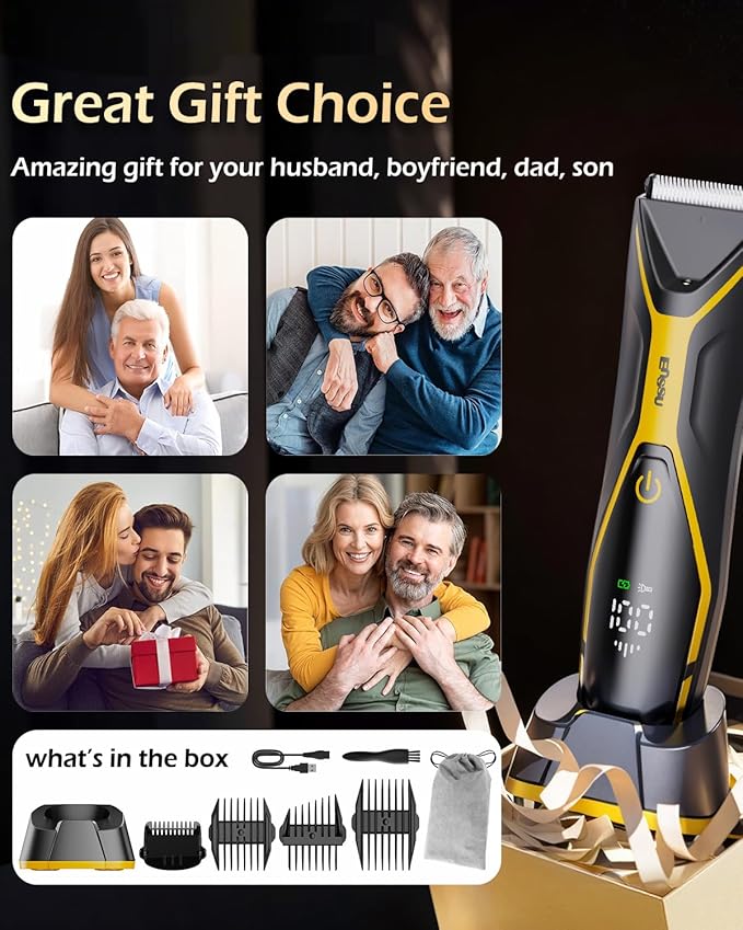 Electric Body Hair Trimmer for Men Type-C Rechargeable, Ball Pubic Trimmer Shaver Men with LED Light, Groin Body Groomer for Man, USB Recharge Dock& 1H Fast Charge, LED Display, Black+Yellow