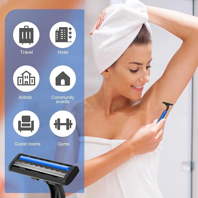 240 Pack Disposable Twin Blade Razors Individually Wrapped, Clear Safety Cap, Multipurpose Portable Shave Razor for Man Woman Bathing Hotel Travel (Blue)