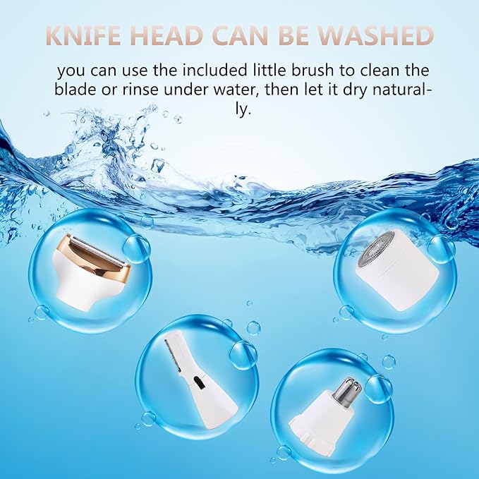 Electric Razor for Women Bikini Trimmer, MKIOVH Women's Cordless Portable 4 in 1 Painless Shaver, for face Legs Brows Nose Detachable Head USB Rechargeable Hair Trimmer