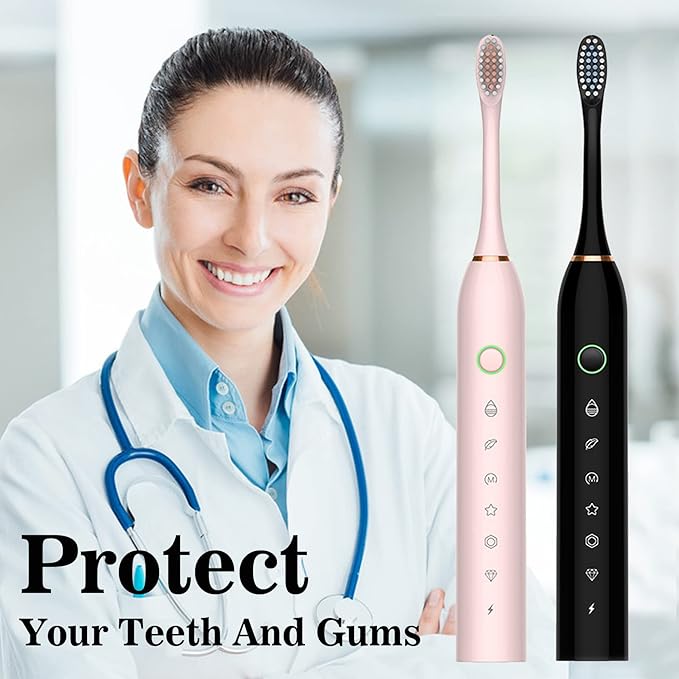 Electric Toothbrush for Adults, Rechargeable Electric Toothbrush with 8 Brush Heads, 42000vpm 6 Modes IPX7 Waterproof, 2 Pack Soft Electric Toothbrush, Black Pink
