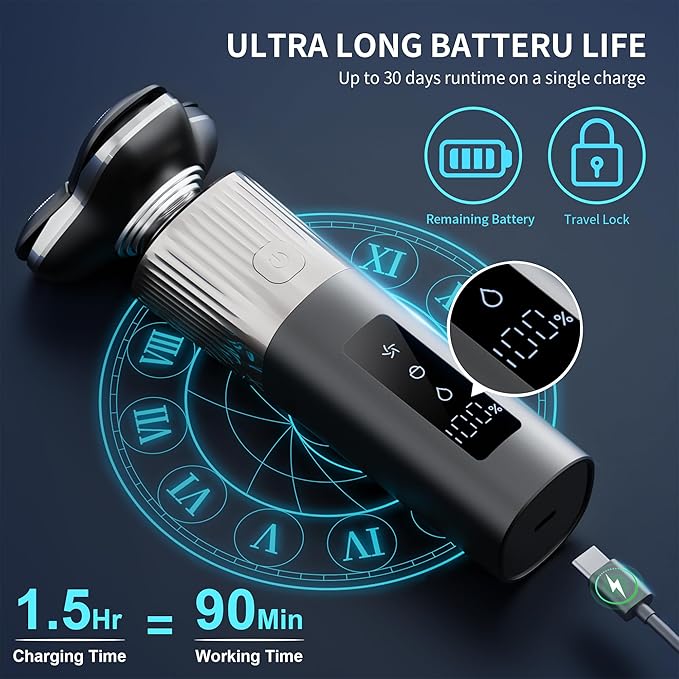 Electric Razor for Men 8011 Series, 4D Floating Rotary Head, IPX7 Waterproof Wet & Dry Use, USB-C Fast Charge, 90Min Runtime, Hypoallergenic Blades, Portable Travel Grooming Kit