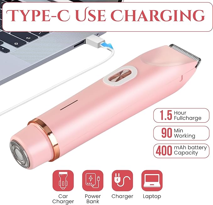 Women's Bikini Trimmer, Electric Shaver, Dual Head Electric Razor, Two-in-One Women's Body Shaver, and Ipx67 Waterproof Wet & Dry Use Body Hair Trimmer (Pink)
