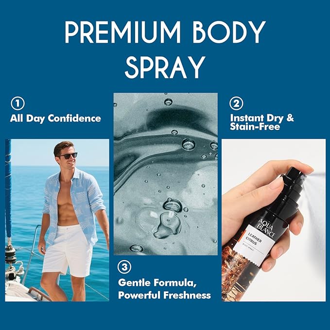 Body Spray for Men, Mens Body Refreshing Spray, Long Lasting, Pack of 3, Each 3.4 Fl Oz, Total 10.2 Fl Oz, Ironwood Spice, Sailor' s Essence, Leather Citrus