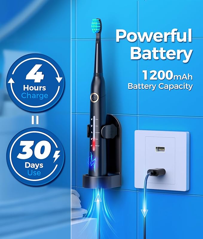 TEETHEORY Electric Toothbrush for Adults with 8 ๐๐ซ๐ฎ๐ฌ๐ก ๐๐๐๐๐ฌ, Sonic Electric Toothbrush with 40000 VPM Deep Clean 5 Modes, Rechargeable Toothbrushes Fast Charge 4 Hours Last 30 Days