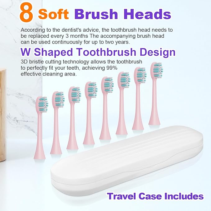 Whitening Electric Toothbrush for Adults and Kids, Rechargeable Toothbrush with 8 Brush Heads & Travel Case, 5 Modes & Smart Timer, 45000VPM Deep Clean, IPX7,One Fast Charge Last 120 Days - Pink