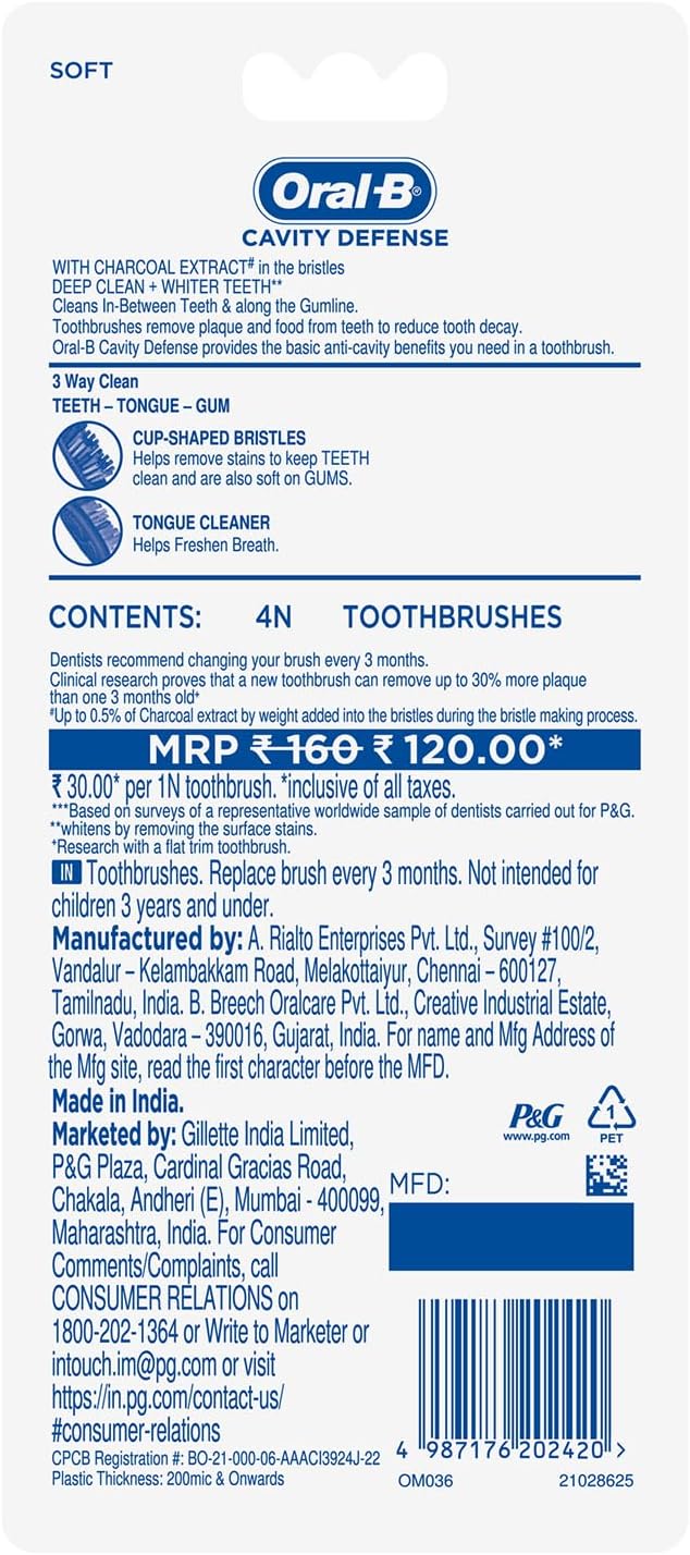 Oral B Cavity Defense 123 Soft Black Toothbrush (Pack of 4) - India - Assorted Colours