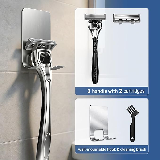 Professional 6-Blade Men's Razor with Lubricating Strip & Precision Trimmer, 45° Pivoting Head, Metal 1 Handle +2 Blade Refills, Includes Cleaning Brush & Wall Mount