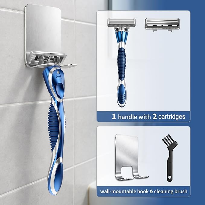 6-Blade Manual Razor for Men with Lubricating Strip, 1 Ergonomic Non-Slip Handle Includes 2pack Razor Blade Refill Cartridges, with Hanging Hook & Cleaning Brush, Full Washable Design