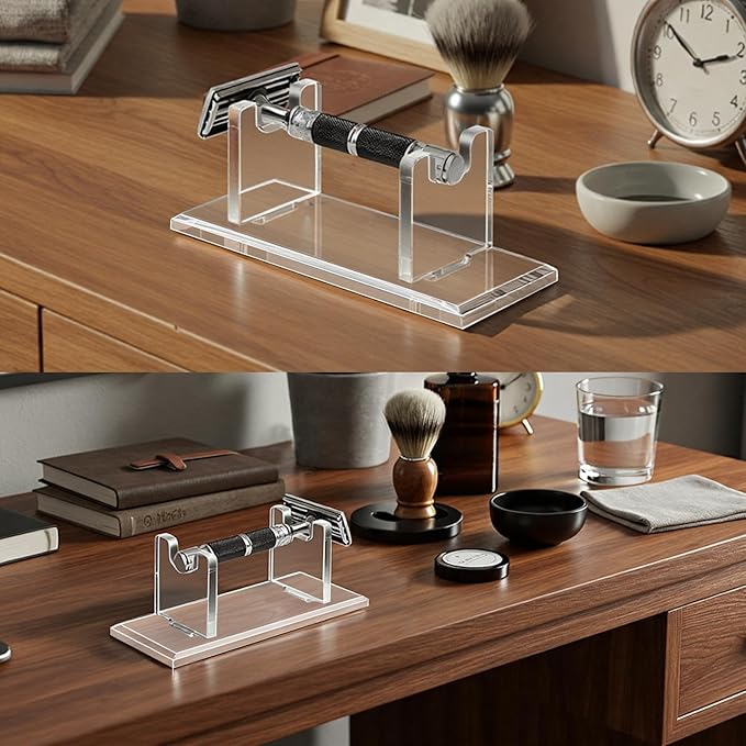 2 Pcs Acrylic Men's Razor Stand Holder Safety Razor Stand Stable Storage Bracket Shaving Brush Stands Bathroom Compatible with MK23C, Clear