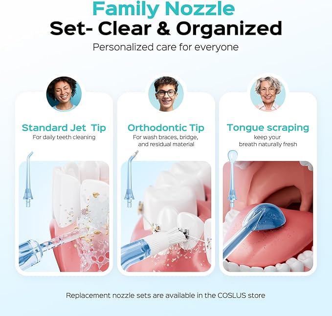 COSLUS C51 Portable Water Flosser for Teeth: 3 Modes & 6 Pressure Settings with Jet Mode Water Dental Pick for Orthodontic, Braces, Sensitive Gums, Compact for Travel, 300ML for Multiple Users, White