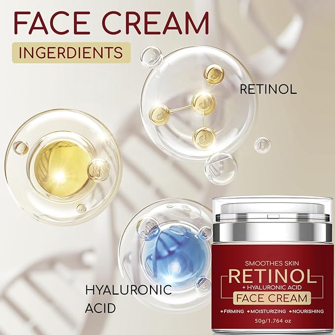 Retinol Face Moisturizer with Hyaluronic Acid, Retinol Cream for Lifting Repairing Moisturzing Skin, Smoothes Skin Anti Wrinkle Cream for Women & Men - All Skin Types 1.76 Fl Oz