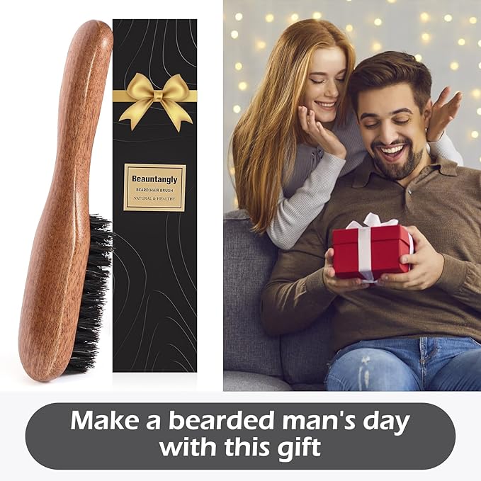 Beard Brush, 100% Real Wild Boar Bristle Walnut Wood Beard & Mustache Comb Brush for Men’s Beard Grooming and Care, Gift for Men to Straighten and Promote Beard Growth