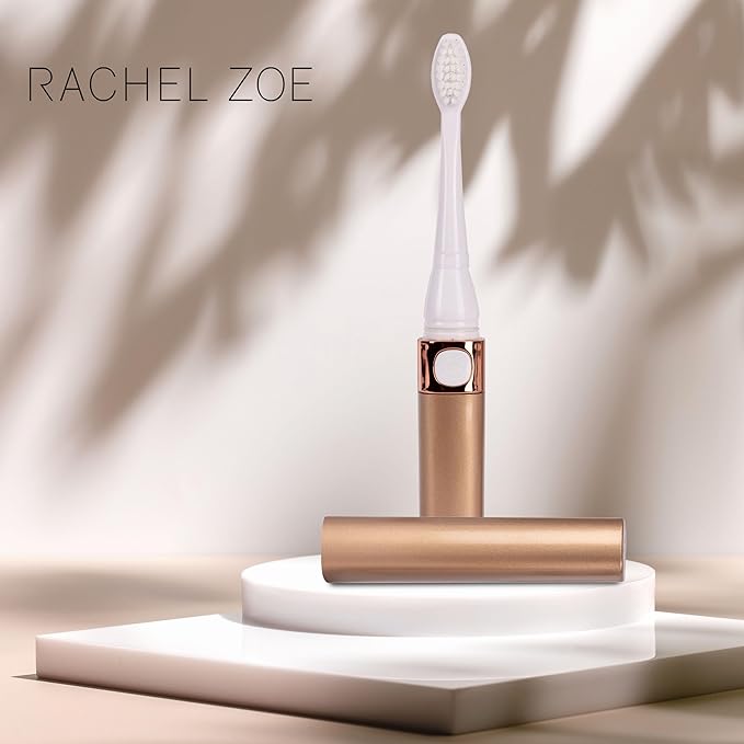Rachel Zoe Portable Electric Toothbrush for Adults, Battery Operated Compact Sonic Tooth Brush for Trips, Waterproof Travel Toothbrush with Cover, 2 Removable Brush Heads Included, Rose/Gold/White