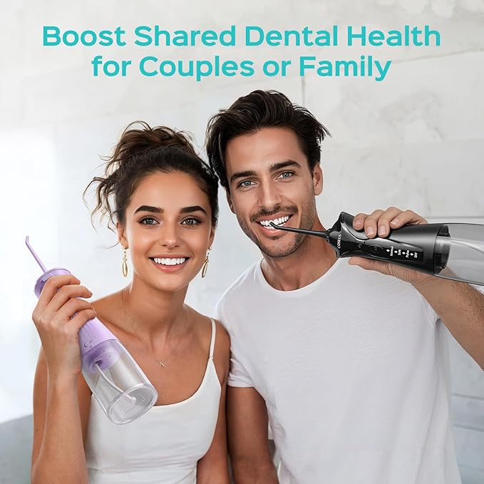 COSLUS 2-Pack C30 Water Flosser for Teeth: Water Dental Pick Set with Refined Packaging for Couples Friends, 3 Modes & 8 DIY Levels for Sensitive Gums & Braces, Ideal for Family Sharing, Black Purple