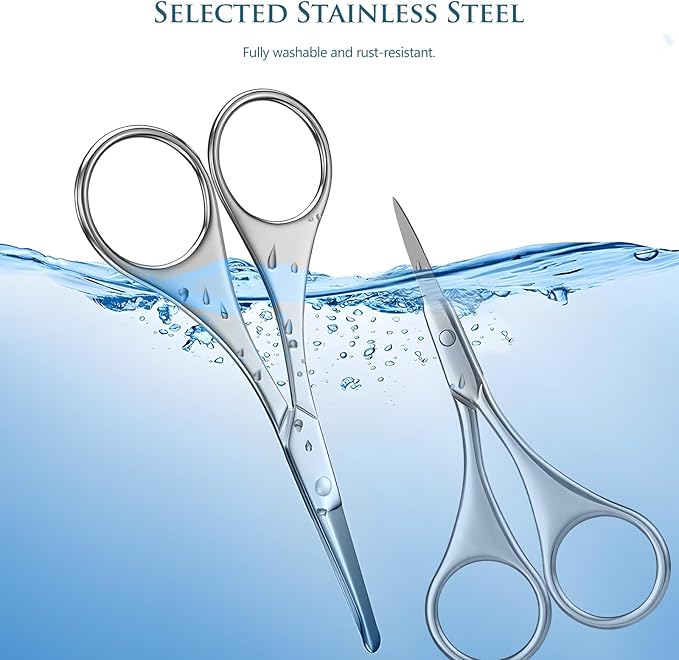 2Pcs Facial Hair Small Grooming Scissors For Men Women - Eyebrow, Nose Hair, Mustache, Beard, Eyelashes, Ear Trimming Kit - Curved and Rounded Safety Tip Clippers For Hair Cutting - Silver