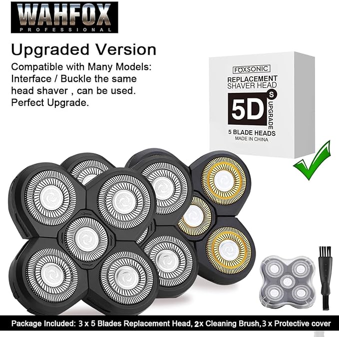 WAHFOX Universal 3 Pcs 5 Blades Shaver Heads for Head shaver and Other Brands Head Shaver, Black+gold