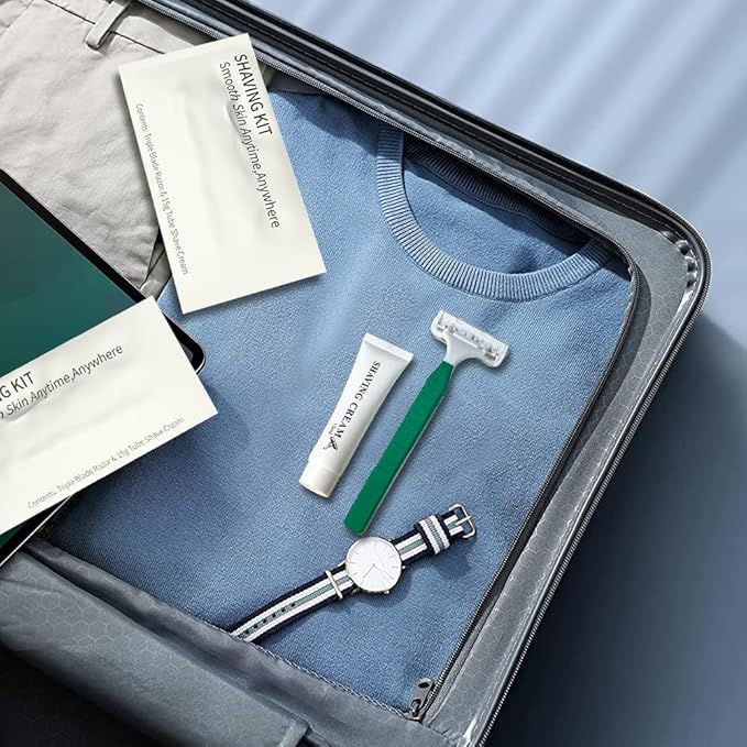 50 Pack Shave kit in Bulk 3 Blades Shave Disposable Razor with Protective Cap 12g Cream Individually Wrapped Paper Box for Hotel,Airbnb, Homeless,Shelter Camping Travel On The Go