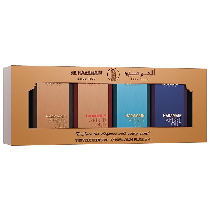 Al Haramain Amber Oud Eau de Parfum 4PC 10ML Each Mini Perfume Set for Women & Men – Cologne Gift Set, Unisex Arabian Perfume Sampler with Gold & Ruby Edition, Dubai Night and Aqua Dubai Fragrances