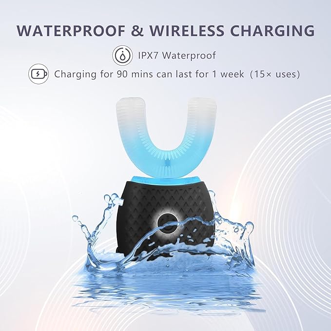 Smart U-Shaped Ultrasonic Toothbrush for Adults: 360° Full Mouth Cleaning with Auto Rotation, Smart Pressure Sensor & LED Light, Includes Foam Mousse, 4 Brush Heads and Charging Base (black)