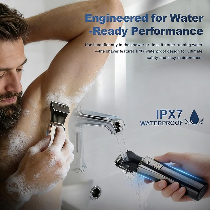 Electric Groin Hair Trimmer, LED Display Back Shaver for Men, Safety Lock, IPX7 Waterproof Wet/Dry Clippers, Rechargeable with Long Handle, Multi-Functional Back Trimmer for Men,(Soft Silver)