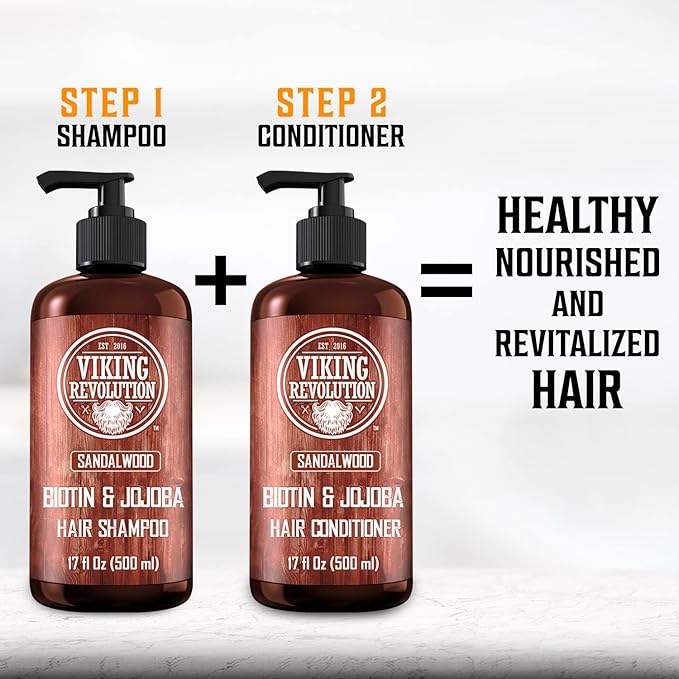 Viking Revolution Sandalwood Men's Shampoo with Biotin and Jojoba Oil - Natural Hair Shampoo for Men with Vitamin B5 and Hair Loss Thinning Hair Treatment (17 Oz)
