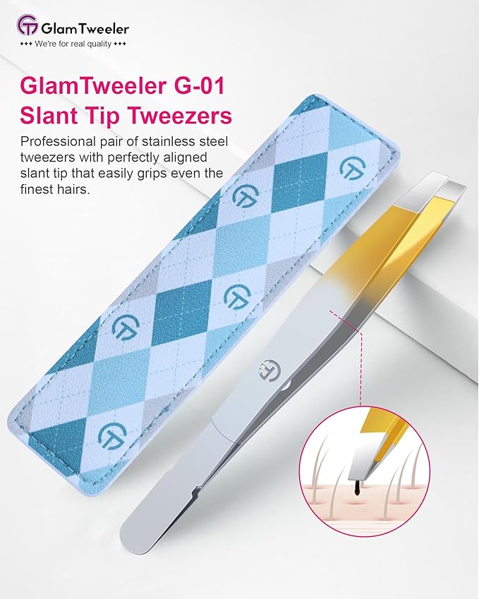 Exclusive G-01 Slant Tip Tweezers, GlamTweeler High Precison Expert Eyebrow and Facial Hair Removal Tweezer with Leather Storage & Carrying Case (Silver & Gold)