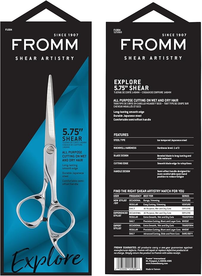 Fromm Professional Explore 5.75" Hair Cutting Shears for Wet and Dry Hair, Polished Silver Japanese Steel Scissors with Beveled Blade