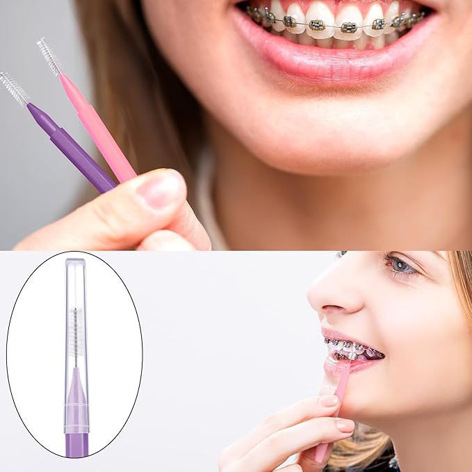 Patelai 100 Pieces Braces Brush for Cleaner Interdental Brush Toothpick Dental Tooth Flossing Head Oral Dental Hygiene Flosser Toothpick Cleaners Tooth Tool(Pink,Purple,Suitable Size)