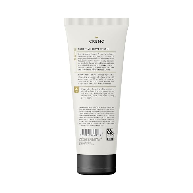 Cremo Sensitive Shave Cream, Astonishingly Superior Ultra-Slick Shaving Cream for Men, Fights Nicks, Cuts and Razor Burn, 6 Fl Oz