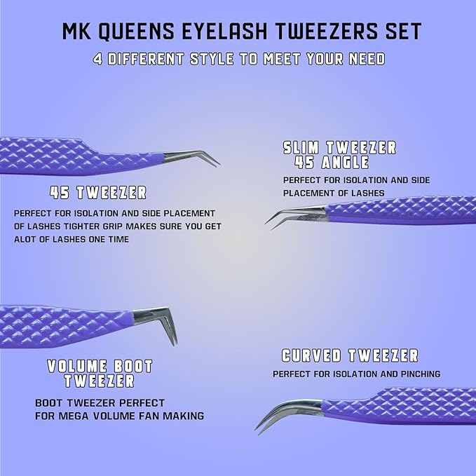 Lash Tweezers - Stainless Steel Fiber Tip Eyelash Tweezers (Set of 4) - Diamond Grip Professional Lash Tweezers for Eyelash Extensions (Purple)