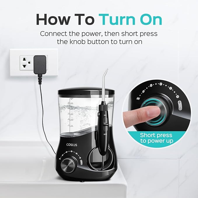 COSLUS E1 Professional Water Flosser for Teeth: 12 Pressure Settings Electric Dental Pick for Tooth Cleaning, Sensitive Gums, Braces, Oral Care - Home Use, 4 Jet Tips for Multiple Users, Family