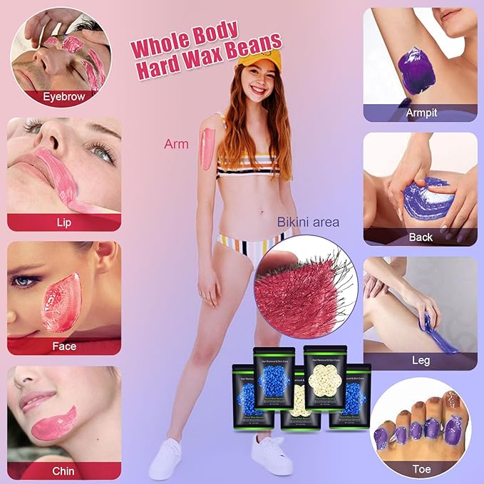 Wax Beads for Hair Removal 1.1 lb (17.6 oz), Hard Wax Beads for Sensitive Skin - Brazilian, Face, Bikini, Legs, Eyebrow, Painless Waxing Beads Kit for Women Men, 5 Packs with 10 Wax Sticks
