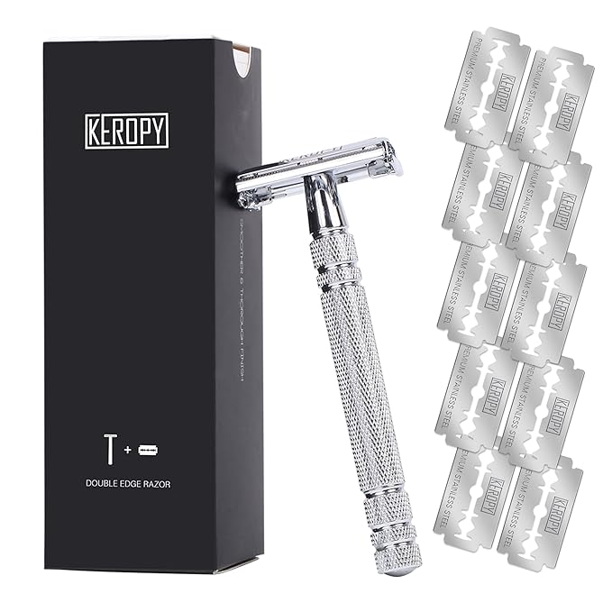 Men's Safety Razor with 10 Blades, Eco-Friendly Shaving Kit for a Smooth Shave - Reusable Metal Shaver, Ideal Gift for Men, Teens, Boyfriend - New Year 2026 Grooming Essentials - Silver