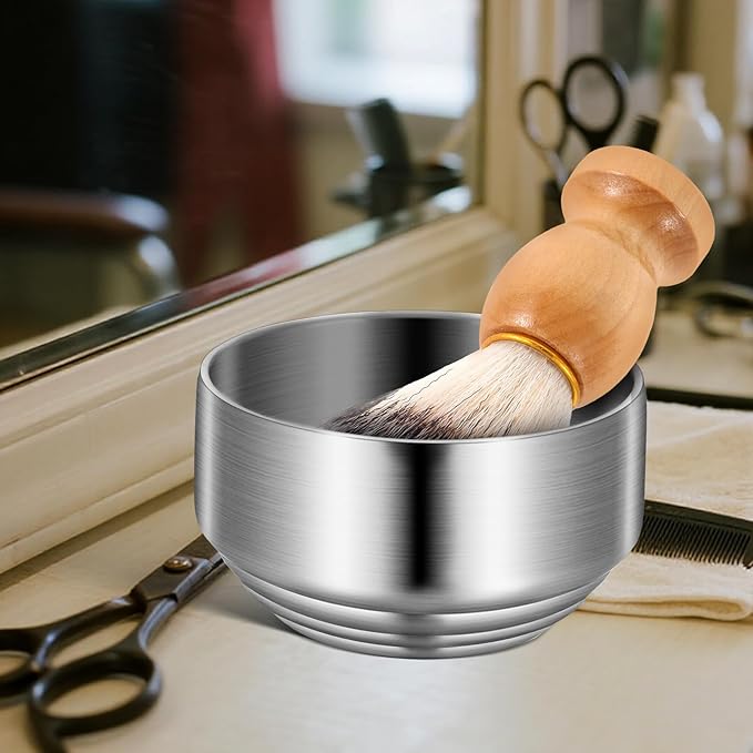 NOLITOY Men’s Stainless Steel Shaving Soap Bowl with Lid, Small Double-layer Shave Cup for Bathroom, Sturdy Metal Mixing Bowl for Shaving Cream and Razor Cleaning, Household Grooming Tool