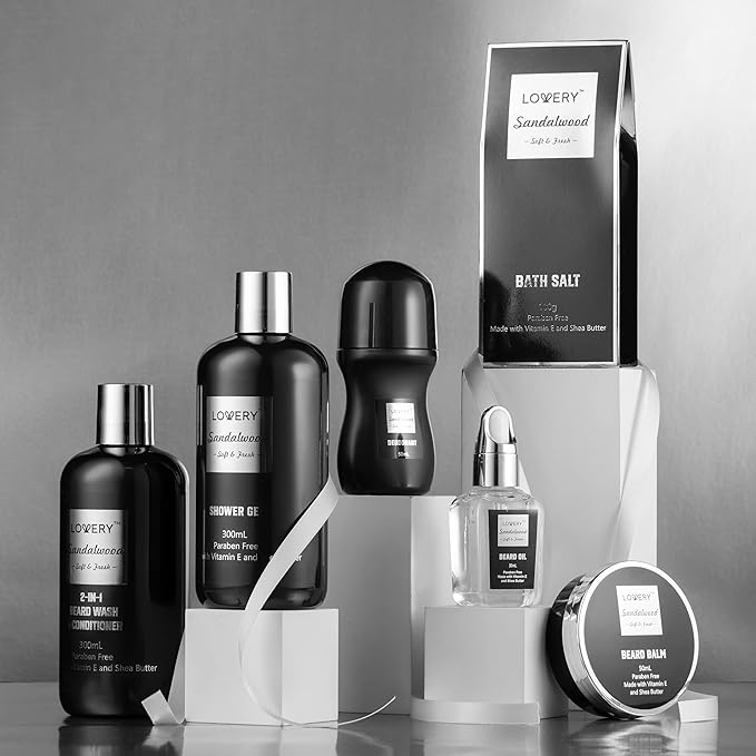 Gifts for Men, Mens Body And Wash Gift Set Beard Kit and Body Care, Unique for Dad Sandalwood Spa Baskets, Bath and Beard Grooming Kit, Gifts for Husband Him Beard Balm Growth Oil