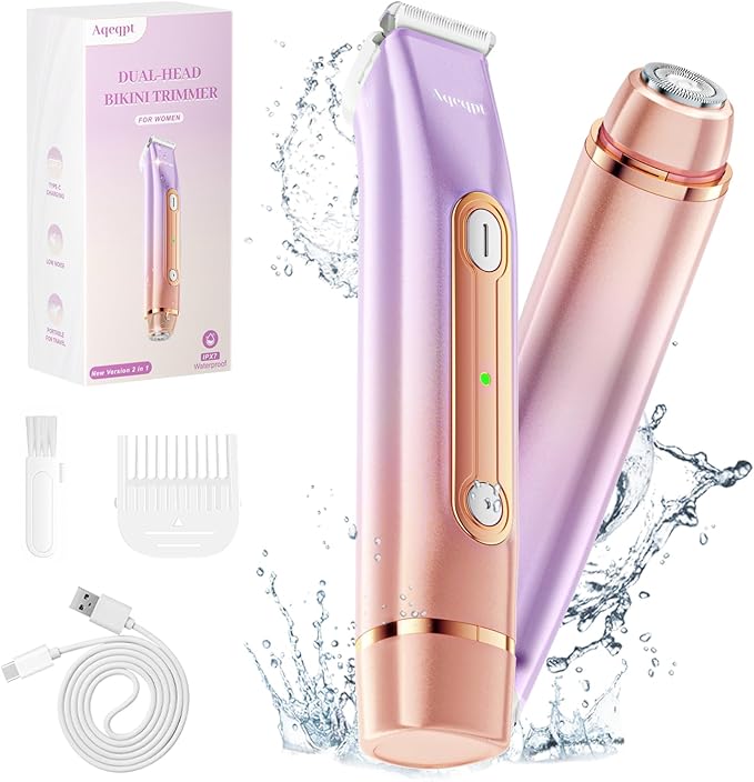Bikini Trimmer for Women, Electric Razors with Dual Heads, Rechargeable Pubic Hair Trimmer with IPX7 Waterproof, Painless Pro Shaver for Underarm Leg Arm Body Face Private Area๏ผDuskyRose๏ผ