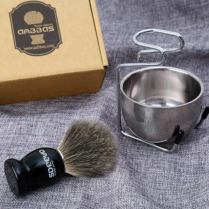 Anbbas Pure Badger Shaving Brush with Wood Handle,Stainless Steel Shaving Stand and Soap Bowl Perfect for Men Wet Shave