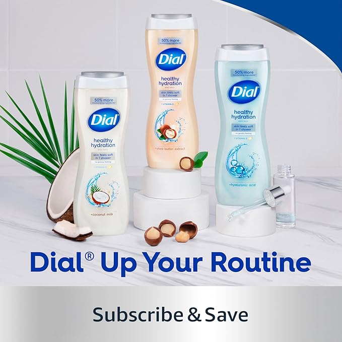 Dial Body Wash, Healthy Hydration, Coconut Milk + Vitamin E, 16 fl oz (Pack of 4), Gentle, Leaves Skin Feeling Soft In 1 Shower, Dermatologist-Tested, No Parabens & Silicones