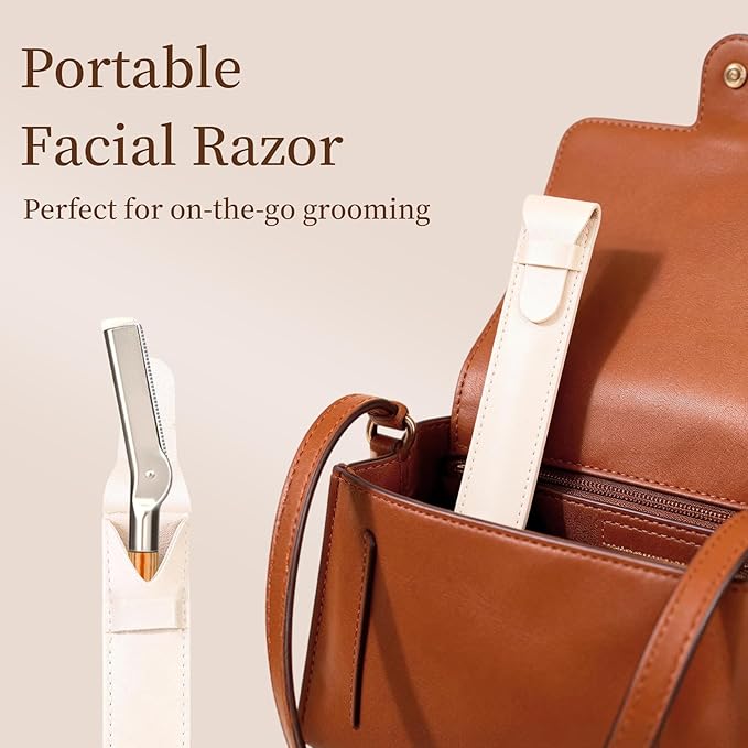 EyeBrow Razor with Safety Mesh Guard – Wooden Handle Eyebrow Trimmer for Women & Men, Includes 8 Replacement Blades & Leather Pouch for Peach Fuzz, Lip Hair & Brow Shaping