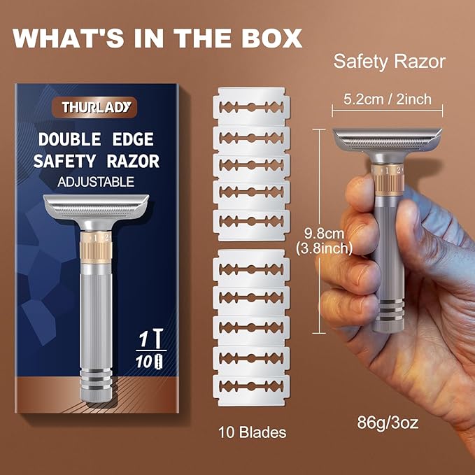 Double Edge Safety Razor, Single Blade Razors for Men, with 10 Platinum Coated Swedish Safety Razor Blades, Sustainable, Close and Smooth Wet Shaving, Adjustable Blade Angle, Matte Silver