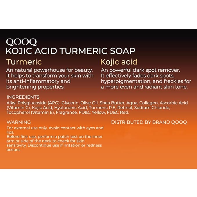 QOOQ Turmeric Kojic Acid Soap for Dark Spots Remover – Facial Cleansing Bar with Vitamin C, Retinol, Collagen, Vitamin E, Glycerin, Shea Butter & Castile Olive Oil – Soap for Women & Men (120g x 2)
